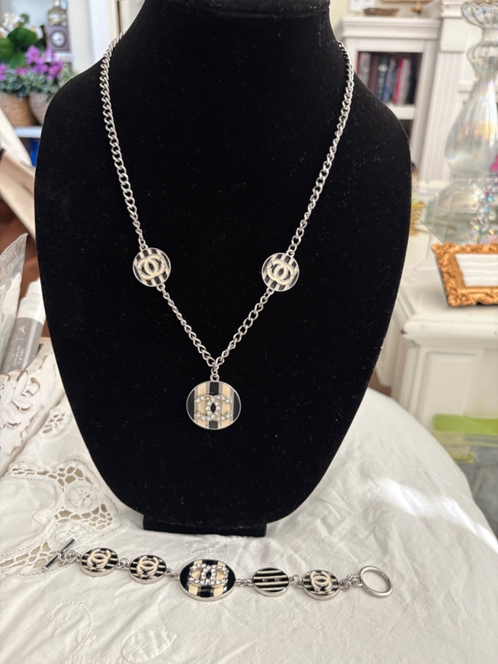 Silver-tone Black & Silver Pendant Necklace and Bracelet Set NOT DESIGNER!